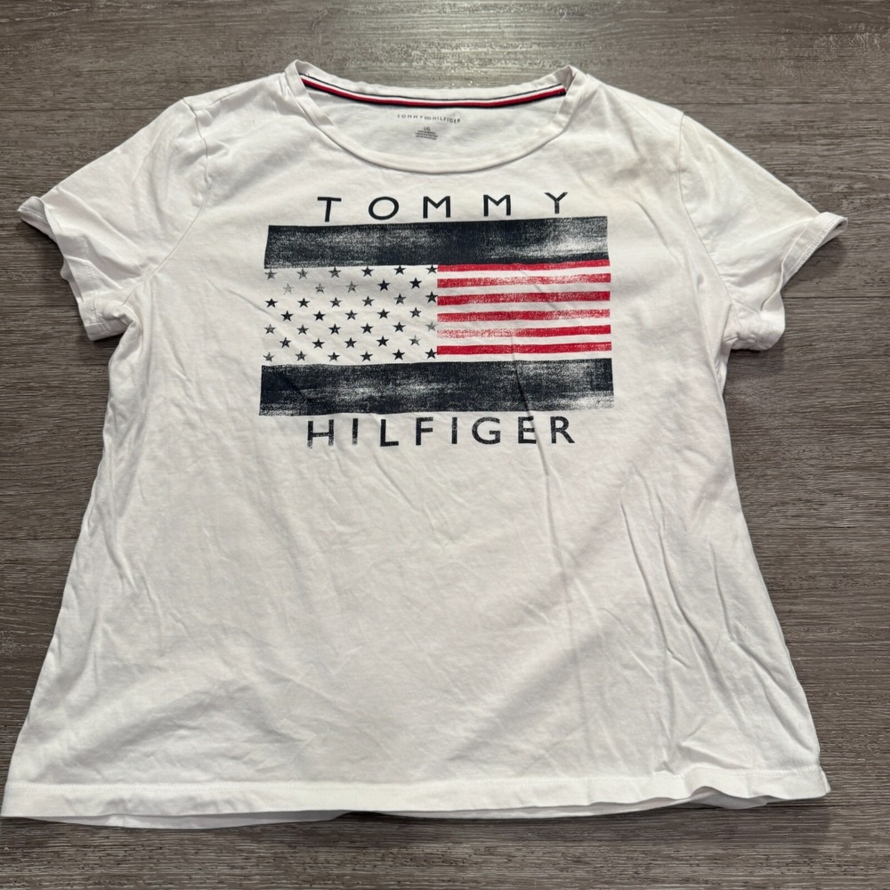 Tommy Hilfiger Shirt Womens Large White American Flag Spellout Logo Casual Adult